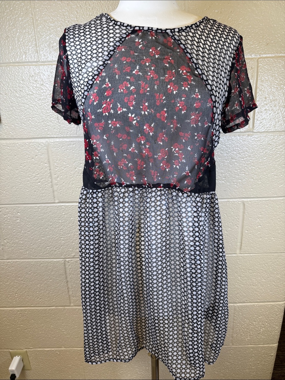 Staring at Stars Black and Red Floral Paneled Midi Dress See Through
